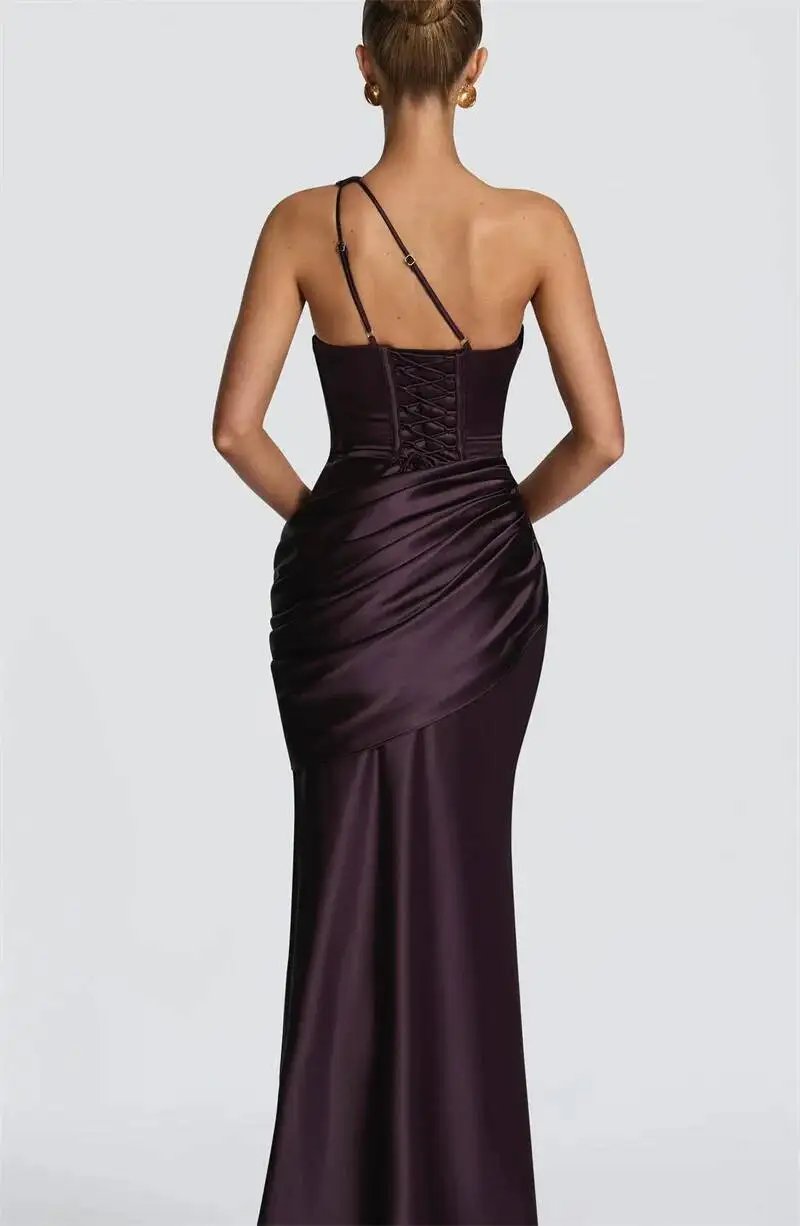 Fleepmart Satin One Shoulder Sexy Maxi Dress Women Elegant Diagonal Collar Cutout Ruched Bodycon Mermaid Long Evening Party Gown