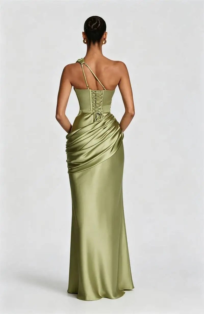 Fleepmart Satin One Shoulder Sexy Maxi Dress Women Elegant Diagonal Collar Cutout Ruched Bodycon Mermaid Long Evening Party Gown