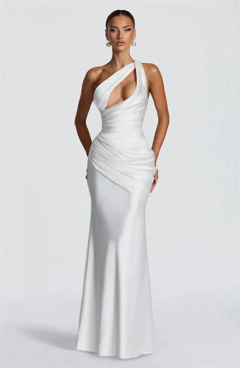 Fleepmart Satin One Shoulder Sexy Maxi Dress Women Elegant Diagonal Collar Cutout Ruched Bodycon Mermaid Long Evening Party Gown