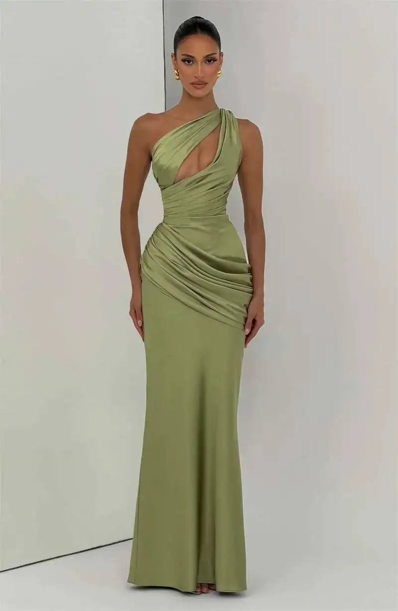 Fleepmart Satin One Shoulder Sexy Maxi Dress Women Elegant Diagonal Collar Cutout Ruched Bodycon Mermaid Long Evening Party Gown