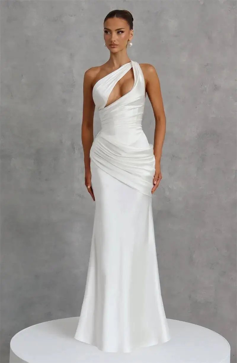 Fleepmart Satin One Shoulder Sexy Maxi Dress Women Elegant Diagonal Collar Cutout Ruched Bodycon Mermaid Long Evening Party Gown