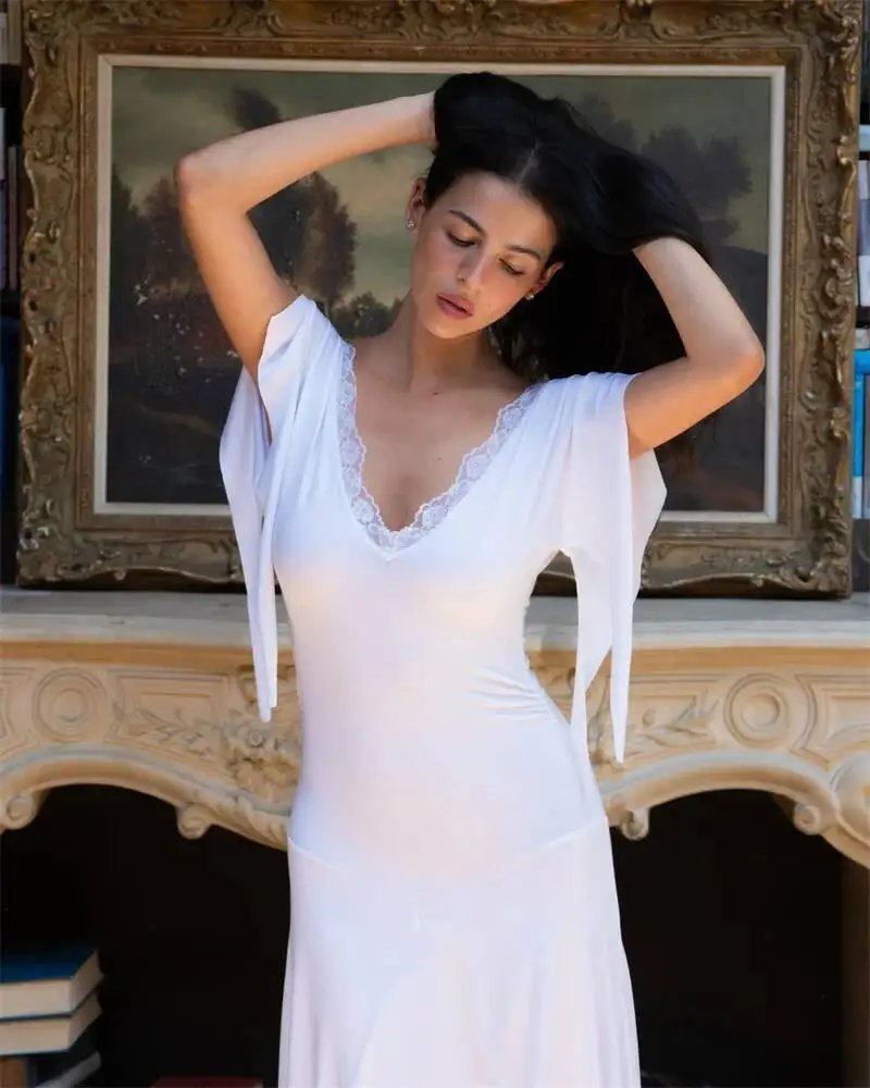 Fleepmart Women Lace V Neck Flutter Sleeve Midi Dress Ruched Waist Irregular Split Hem Bodycon Dress Beach Wedding Guest Dress