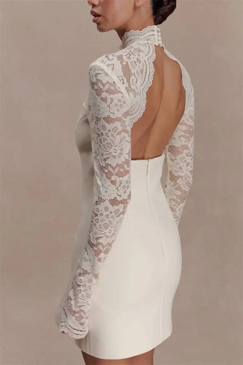 Fleepmart Women Elegant Lace Patchwork Sexy Mini Dress Fashion High Neck Long Flare Sleeve Backless Bodycon Club Party Dresses