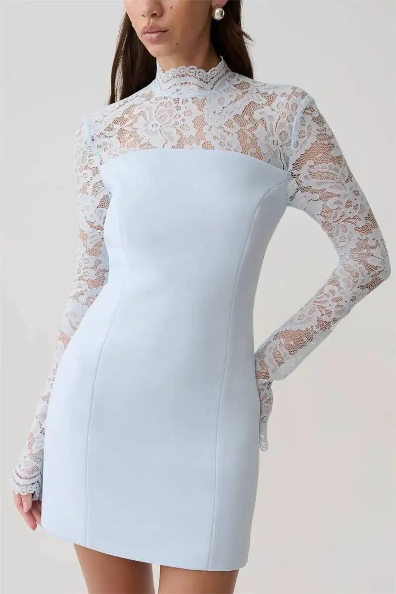 Fleepmart Women Elegant Lace Patchwork Sexy Mini Dress Fashion High Neck Long Flare Sleeve Backless Bodycon Club Party Dresses