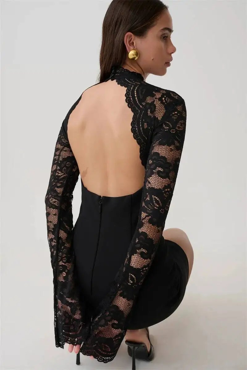 Fleepmart Women Elegant Lace Patchwork Sexy Mini Dress Fashion High Neck Long Flare Sleeve Backless Bodycon Club Party Dresses