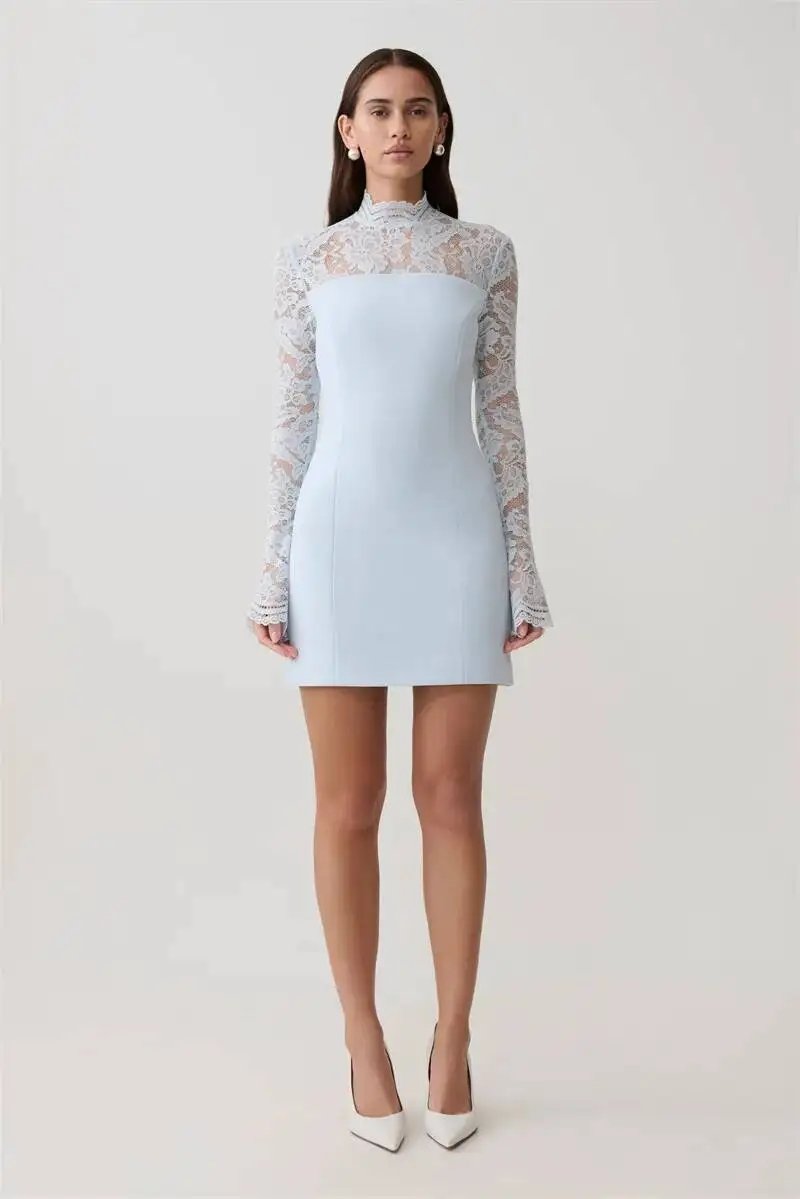 Fleepmart Women Elegant Lace Patchwork Sexy Mini Dress Fashion High Neck Long Flare Sleeve Backless Bodycon Club Party Dresses