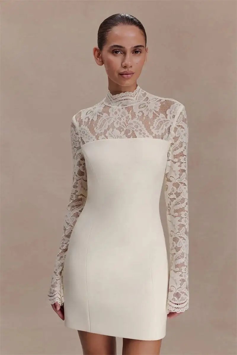 Fleepmart Women Elegant Lace Patchwork Sexy Mini Dress Fashion High Neck Long Flare Sleeve Backless Bodycon Club Party Dresses