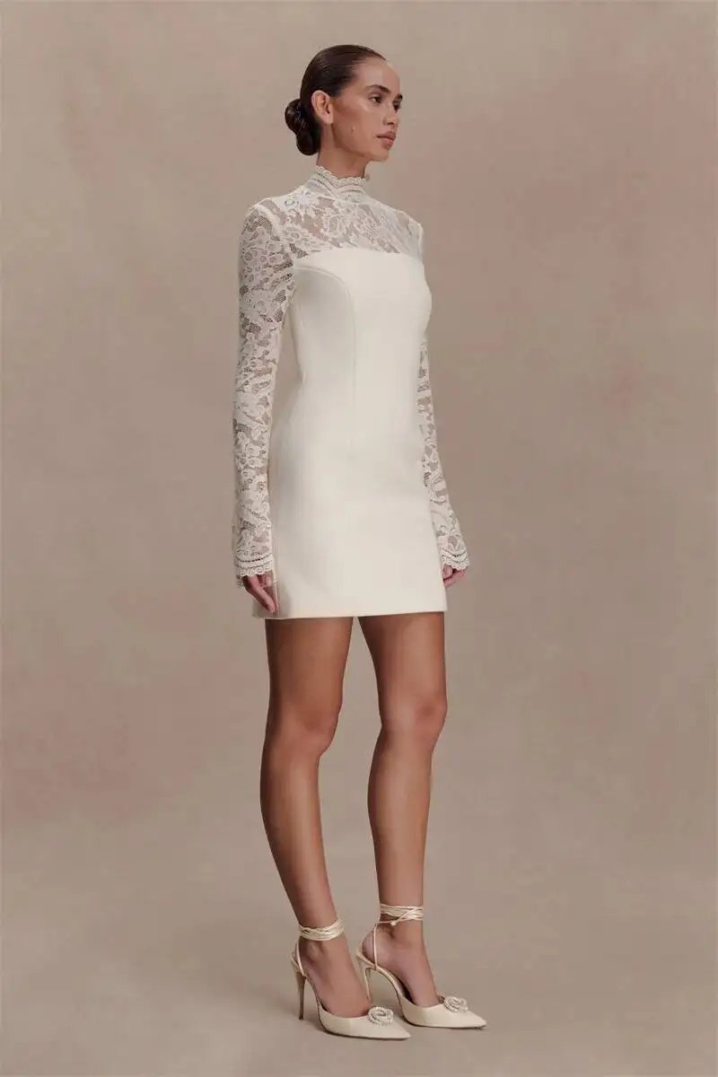 Fleepmart Women Elegant Lace Patchwork Sexy Mini Dress Fashion High Neck Long Flare Sleeve Backless Bodycon Club Party Dresses