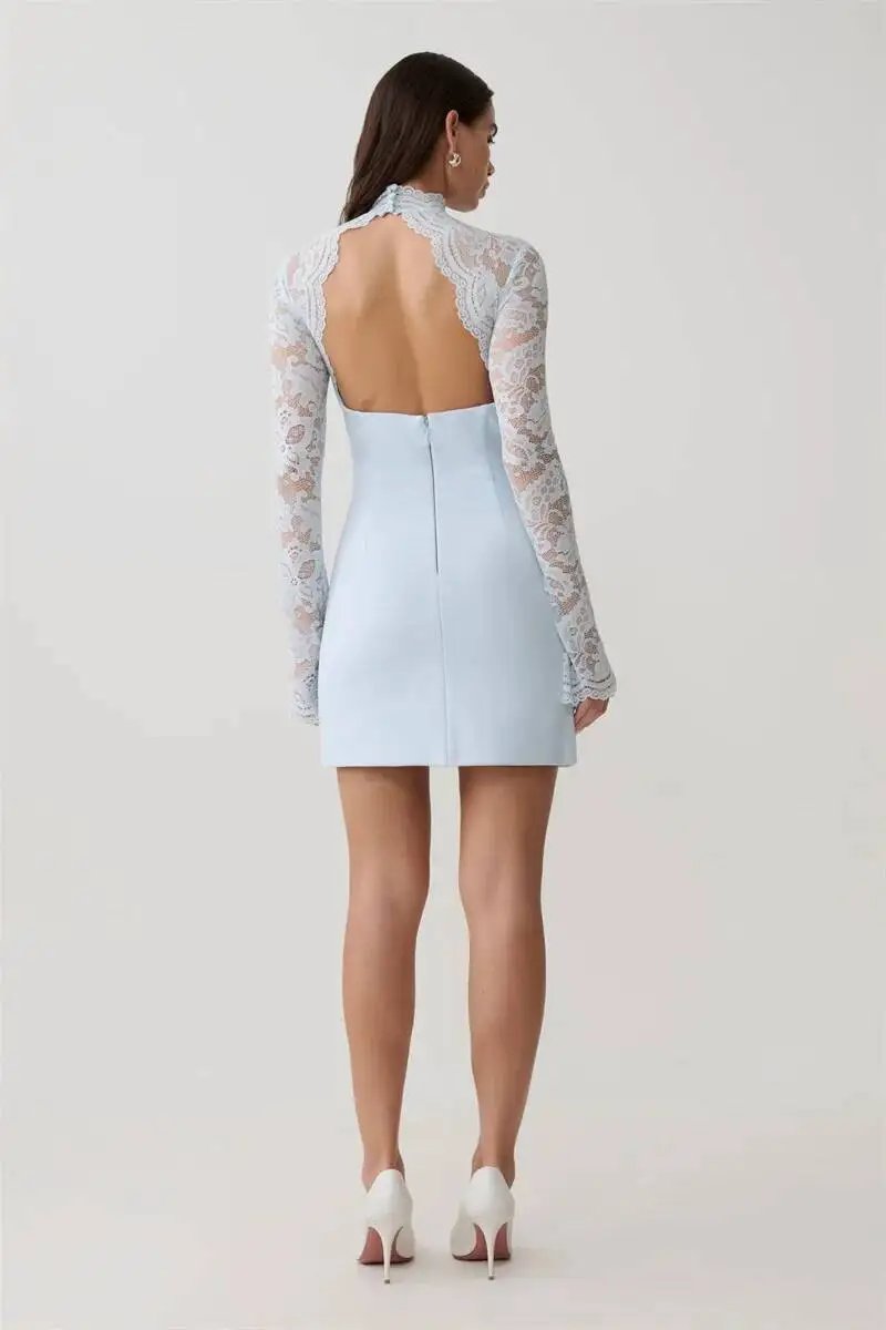 Fleepmart Women Elegant Lace Patchwork Sexy Mini Dress Fashion High Neck Long Flare Sleeve Backless Bodycon Club Party Dresses