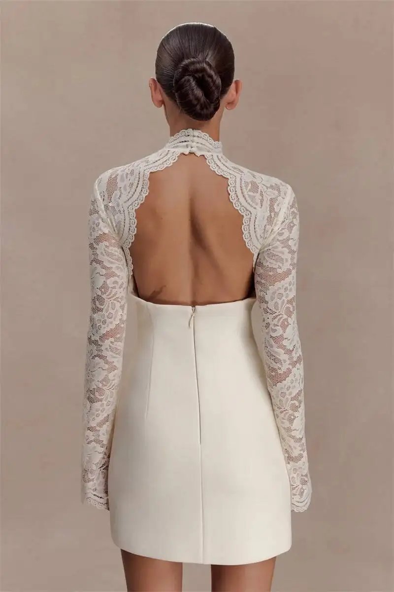 Fleepmart Women Elegant Lace Patchwork Sexy Mini Dress Fashion High Neck Long Flare Sleeve Backless Bodycon Club Party Dresses
