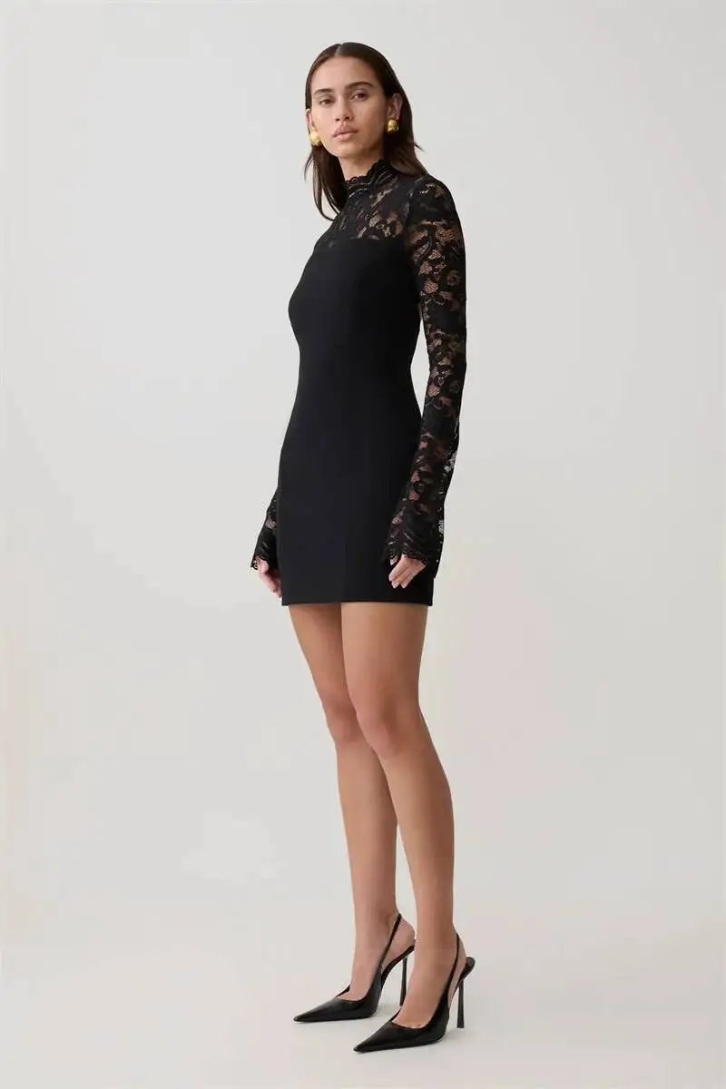 Fleepmart Women Elegant Lace Patchwork Sexy Mini Dress Fashion High Neck Long Flare Sleeve Backless Bodycon Club Party Dresses