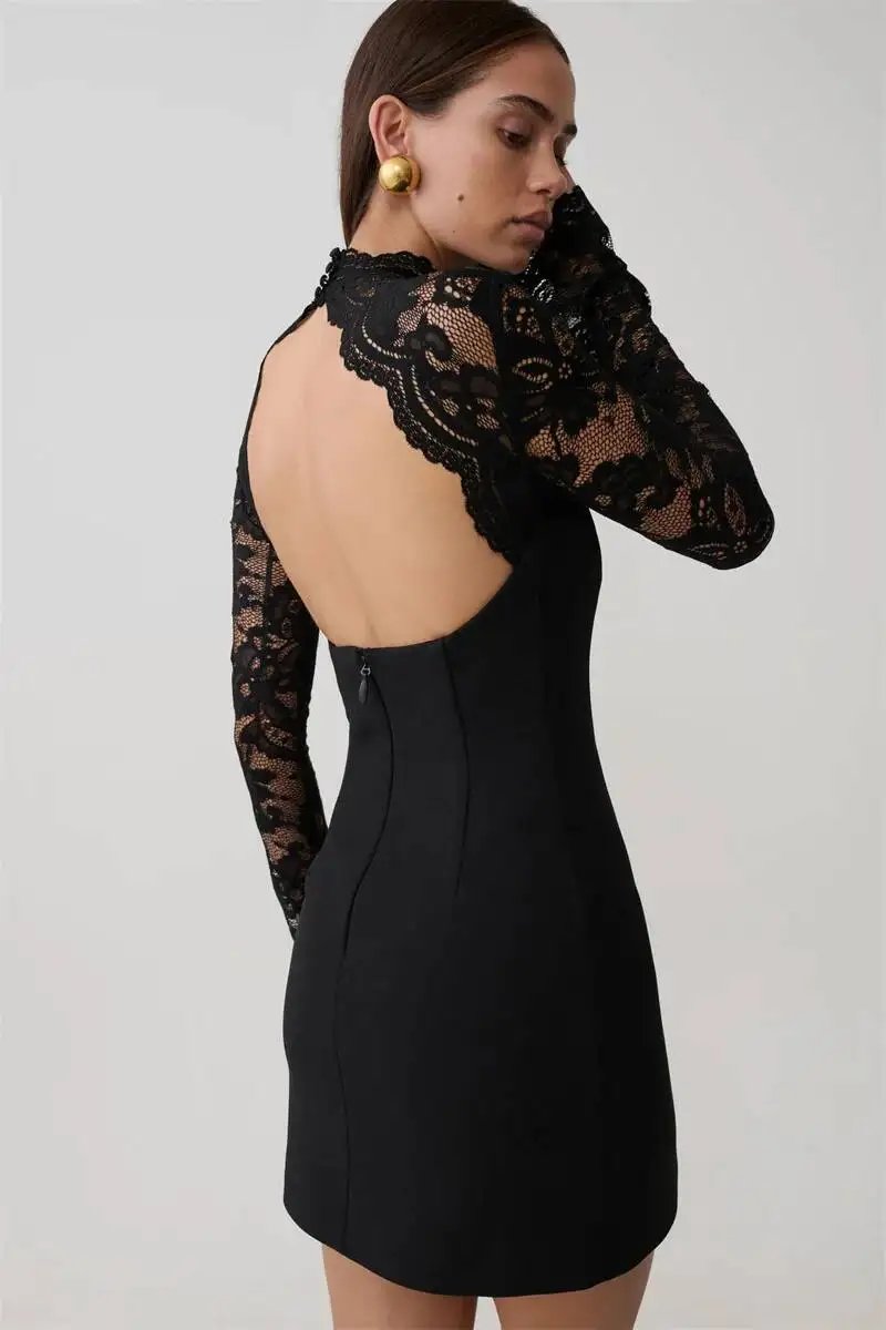 Fleepmart Women Elegant Lace Patchwork Sexy Mini Dress Fashion High Neck Long Flare Sleeve Backless Bodycon Club Party Dresses
