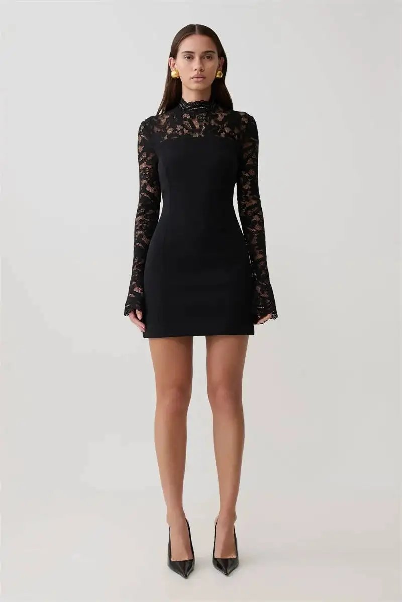 Fleepmart Women Elegant Lace Patchwork Sexy Mini Dress Fashion High Neck Long Flare Sleeve Backless Bodycon Club Party Dresses