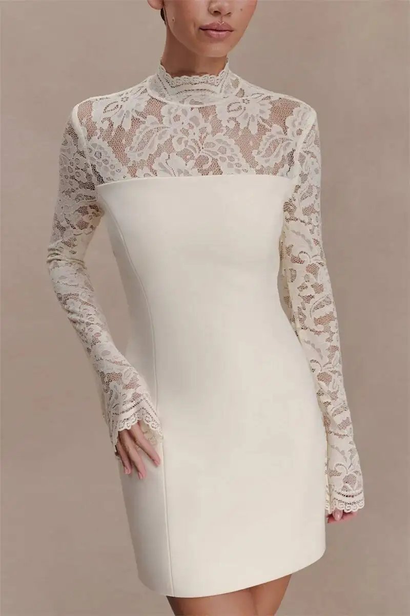 Fleepmart Women Elegant Lace Patchwork Sexy Mini Dress Fashion High Neck Long Flare Sleeve Backless Bodycon Club Party Dresses