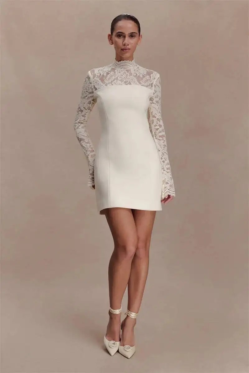 Fleepmart Women Elegant Lace Patchwork Sexy Mini Dress Fashion High Neck Long Flare Sleeve Backless Bodycon Club Party Dresses