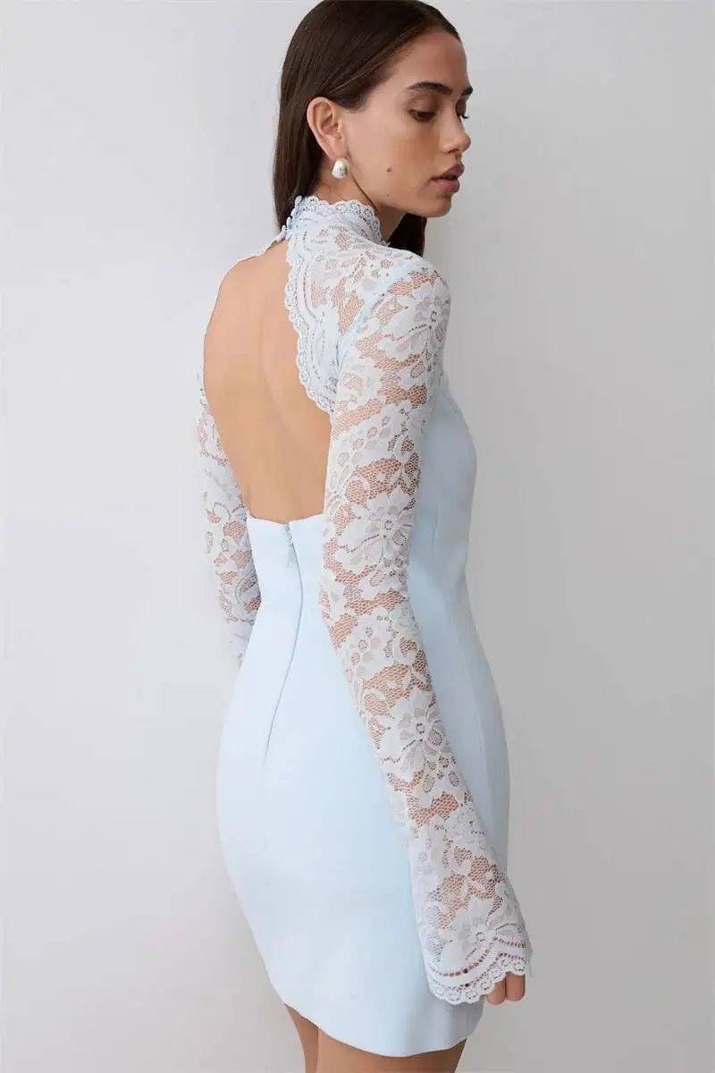 Fleepmart Women Elegant Lace Patchwork Sexy Mini Dress Fashion High Neck Long Flare Sleeve Backless Bodycon Club Party Dresses