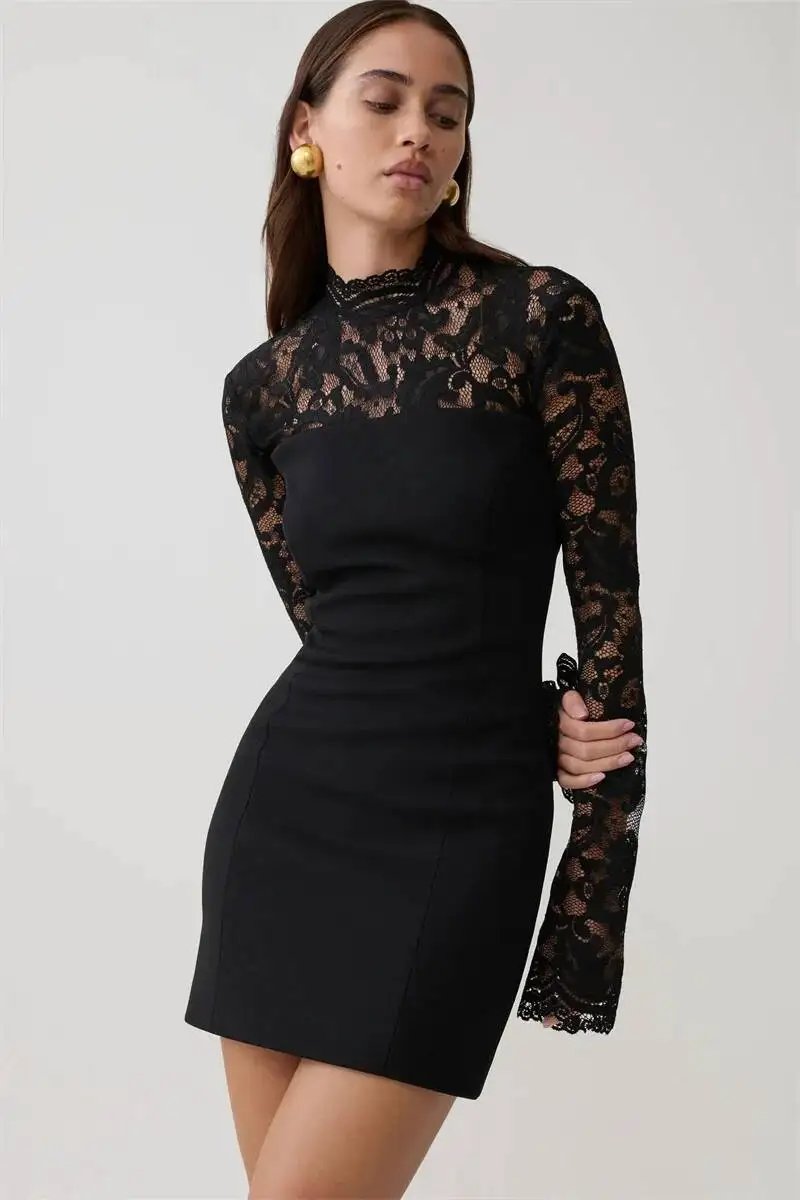 Fleepmart Women Elegant Lace Patchwork Sexy Mini Dress Fashion High Neck Long Flare Sleeve Backless Bodycon Club Party Dresses