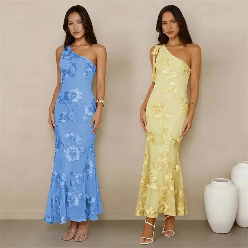 Fleepmart 3D Floral Applique Sexy Maxi Dress Women Elegant One Shoulder Backless Sleeveless Bodycon Club Party Evening Long Dress Fleepmart 3D Floral Applique Sexy Maxi Dress Women Elegant One Shoulder Backless Sleeveless Bodycon Club Party Evening Long Dress
