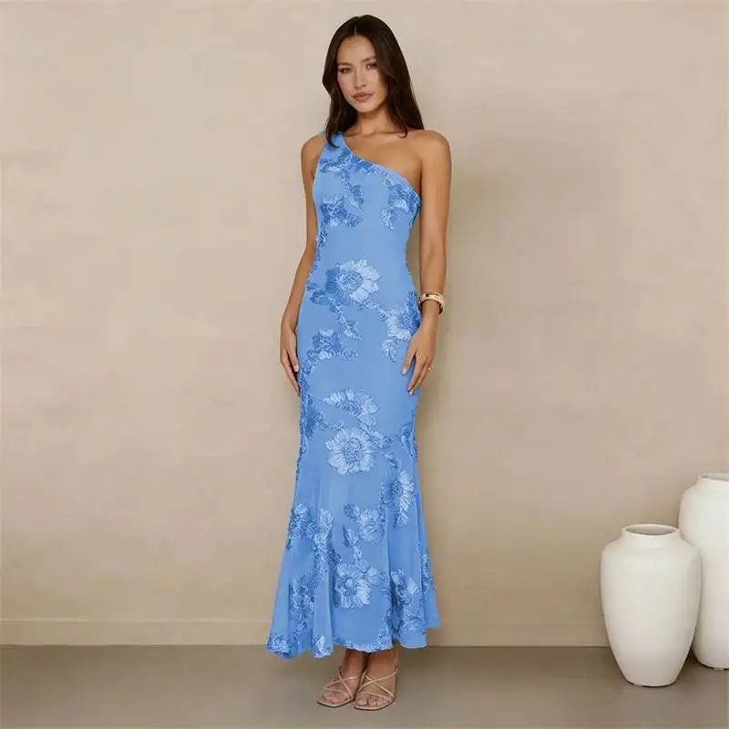 Fleepmart 3D Floral Applique Sexy Maxi Dress Women Elegant One Shoulder Backless Sleeveless Bodycon Club Party Evening Long Dress Fleepmart 3D Floral Applique Sexy Maxi Dress Women Elegant One Shoulder Backless Sleeveless Bodycon Club Party Evening Long Dress