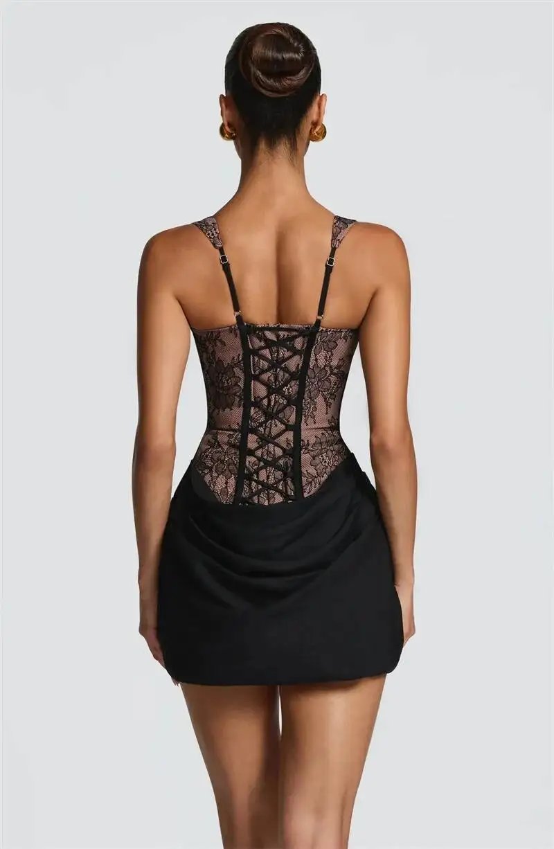 Fleepmart Lace Corset Mini Dress Women Square Neck Wide Strap Ruched Satin Bodycon Short Dress Club Party Cocktail Vestidos