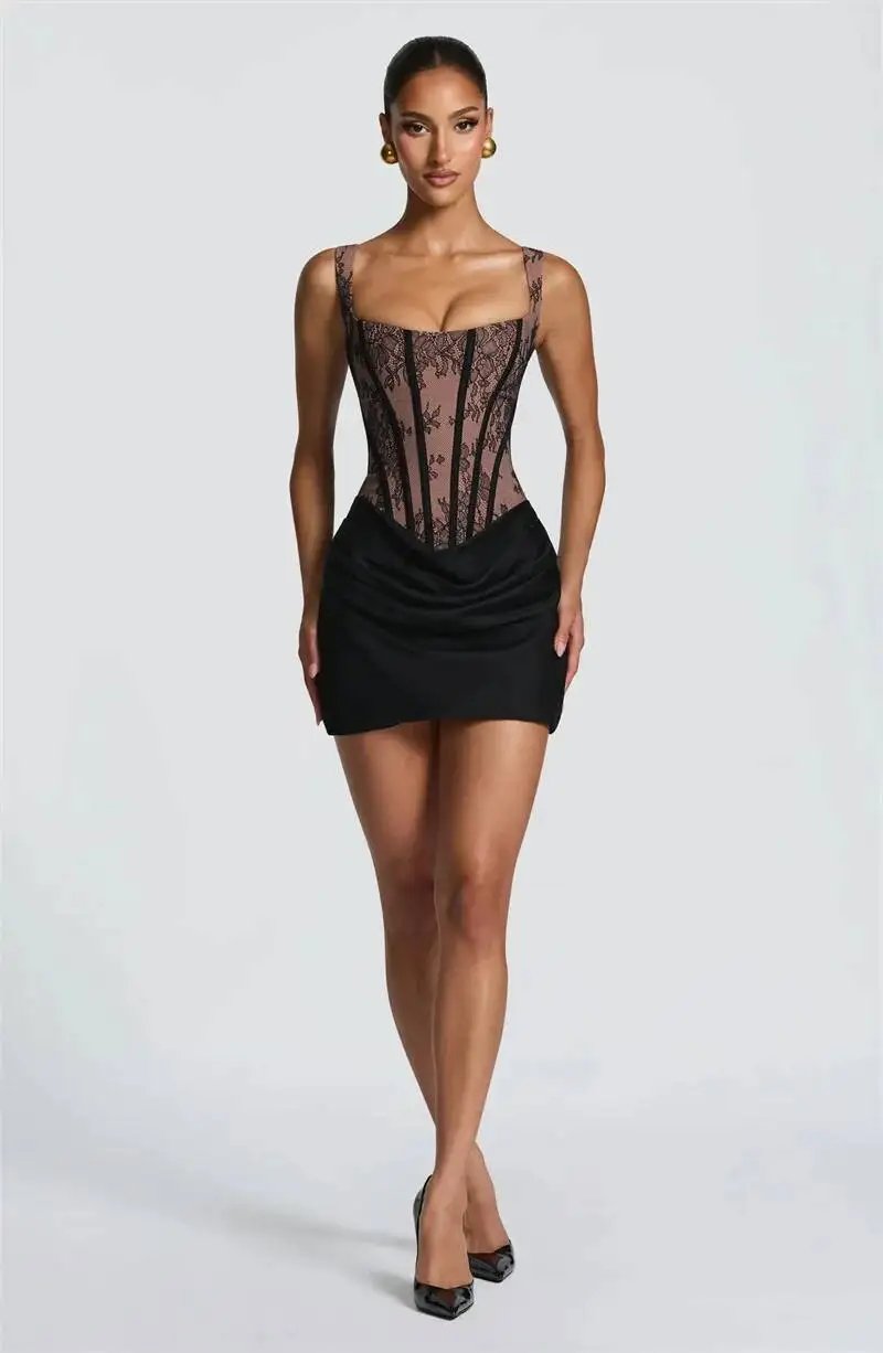 Fleepmart Lace Corset Mini Dress Women Square Neck Wide Strap Ruched Satin Bodycon Short Dress Club Party Cocktail Vestidos
