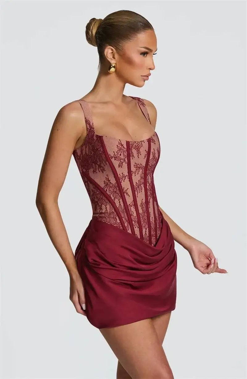 Fleepmart Lace Corset Mini Dress Women Square Neck Wide Strap Ruched Satin Bodycon Short Dress Club Party Cocktail Vestidos