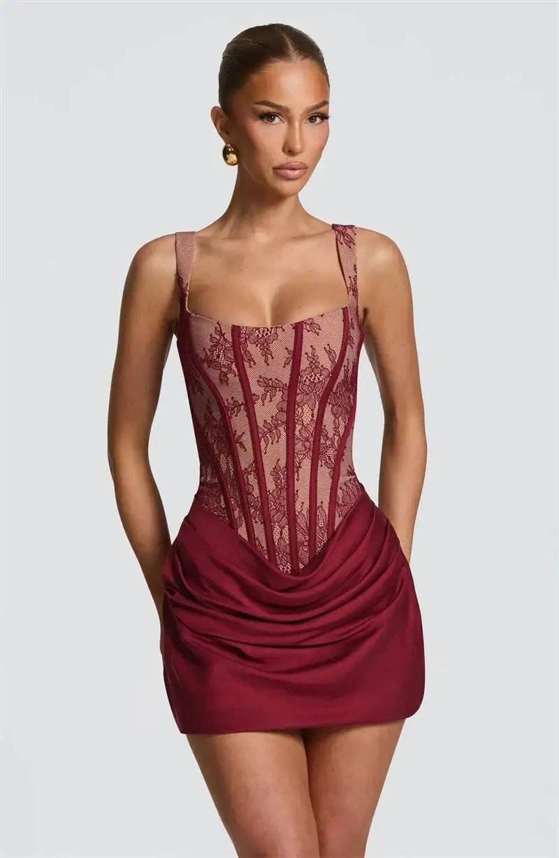 Fleepmart Lace Corset Mini Dress Women Square Neck Wide Strap Ruched Satin Bodycon Short Dress Club Party Cocktail Vestidos
