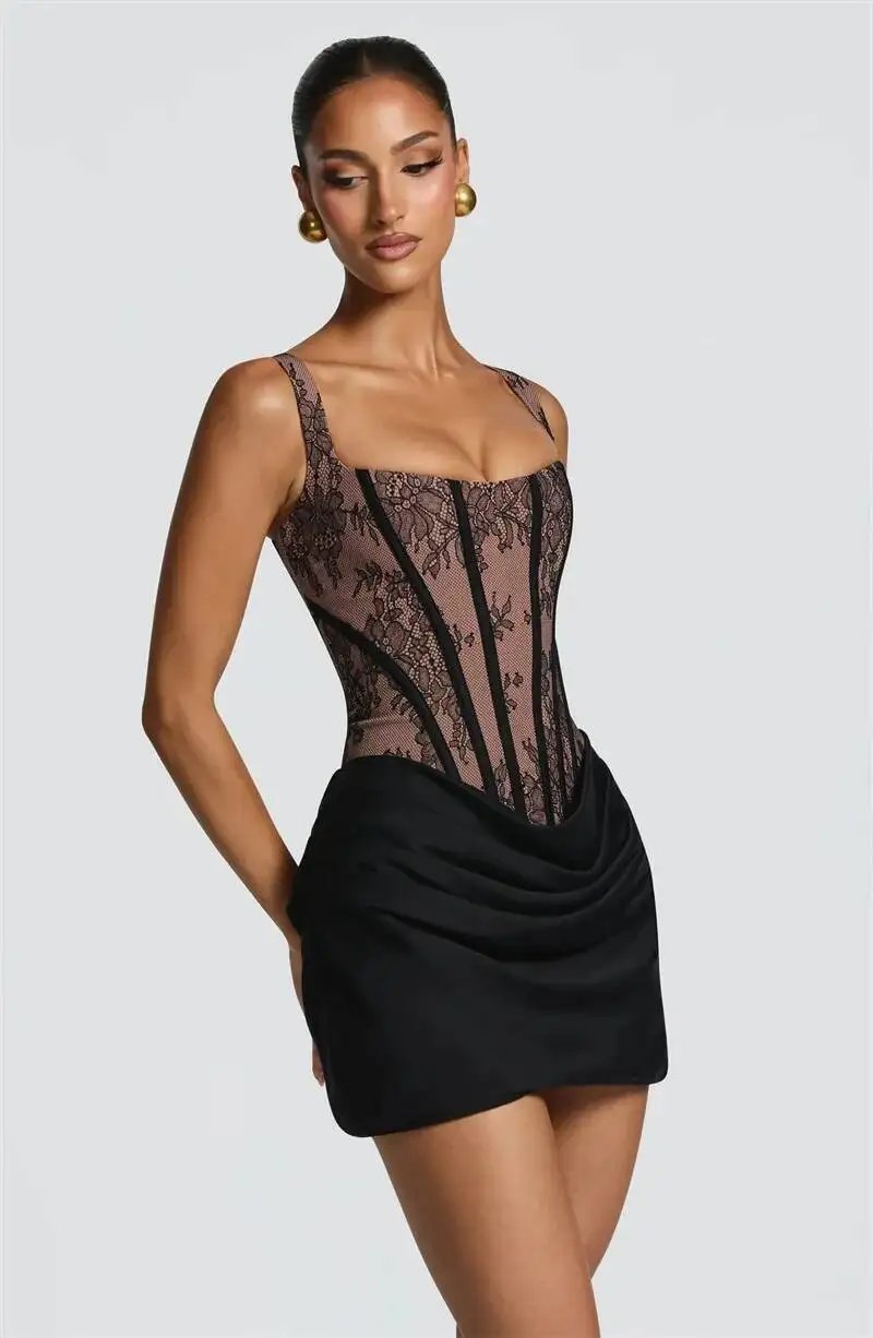 Fleepmart Lace Corset Mini Dress Women Square Neck Wide Strap Ruched Satin Bodycon Short Dress Club Party Cocktail Vestidos