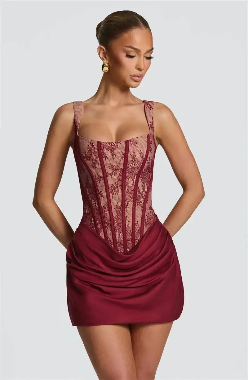 Fleepmart Lace Corset Mini Dress Women Square Neck Wide Strap Ruched Satin Bodycon Short Dress Club Party Cocktail Vestidos