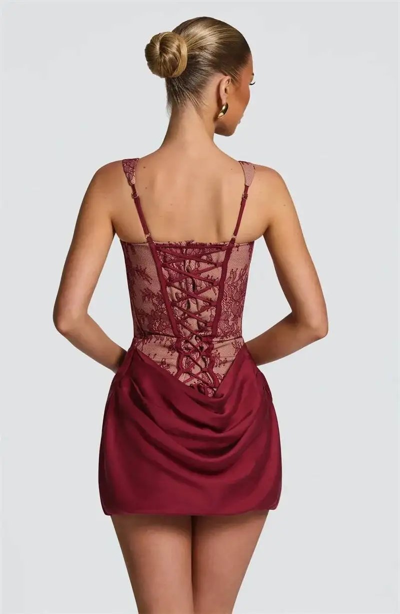 Fleepmart Lace Corset Mini Dress Women Square Neck Wide Strap Ruched Satin Bodycon Short Dress Club Party Cocktail Vestidos