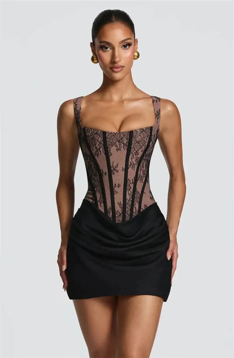 Fleepmart Lace Corset Mini Dress Women Square Neck Wide Strap Ruched Satin Bodycon Short Dress Club Party Cocktail Vestidos