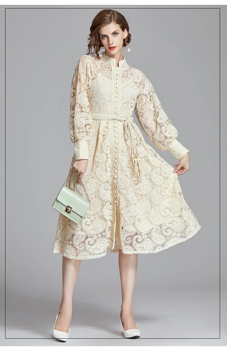 Fleepmart French Niche Court Retro Lantern Sleeves Exquisite Water-soluble Lace Long Dress Black Delivery Belt Autumn Women Clothing