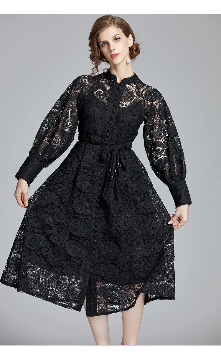 Fleepmart French Niche Court Retro Lantern Sleeves Exquisite Water-soluble Lace Long Dress Black Delivery Belt Autumn Women Clothing