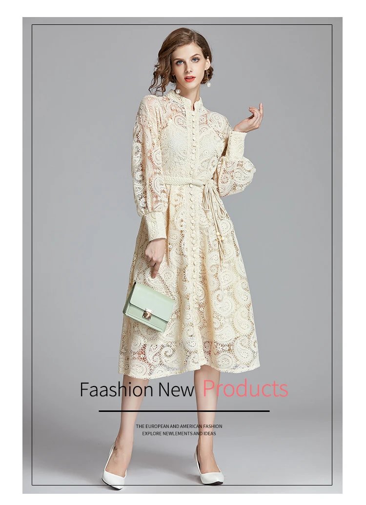 Fleepmart French Niche Court Retro Lantern Sleeves Exquisite Water-soluble Lace Long Dress Black Delivery Belt Autumn Women Clothing