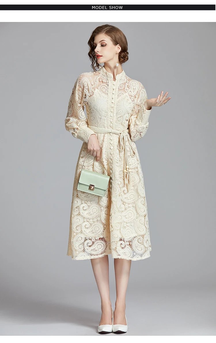 Fleepmart French Niche Court Retro Lantern Sleeves Exquisite Water-soluble Lace Long Dress Black Delivery Belt Autumn Women Clothing