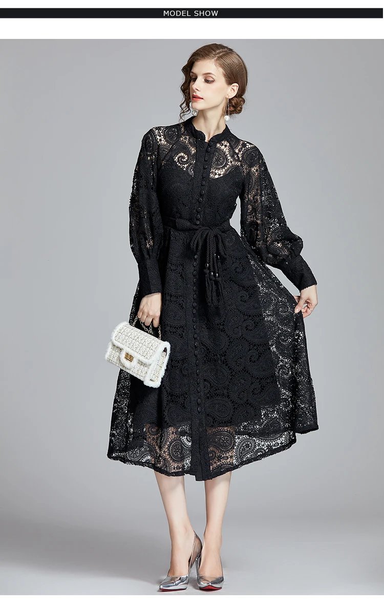 Fleepmart French Niche Court Retro Lantern Sleeves Exquisite Water-soluble Lace Long Dress Black Delivery Belt Autumn Women Clothing