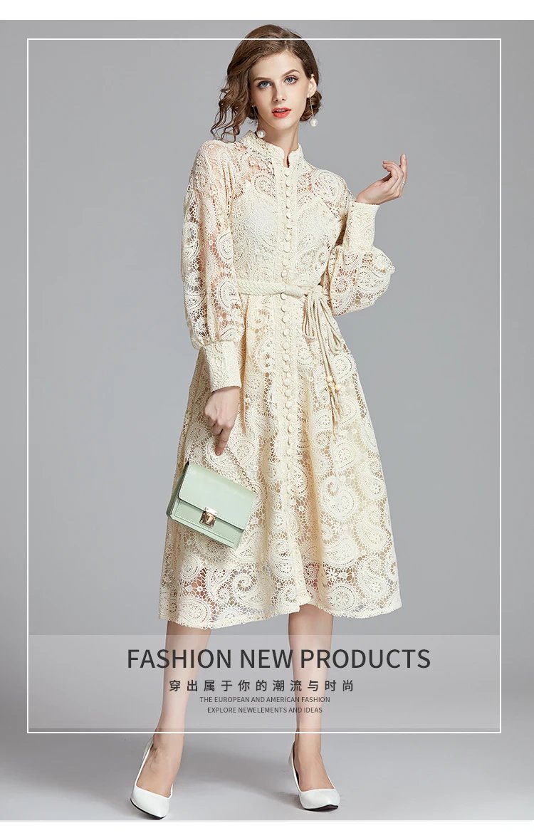 Fleepmart French Niche Court Retro Lantern Sleeves Exquisite Water-soluble Lace Long Dress Black Delivery Belt Autumn Women Clothing