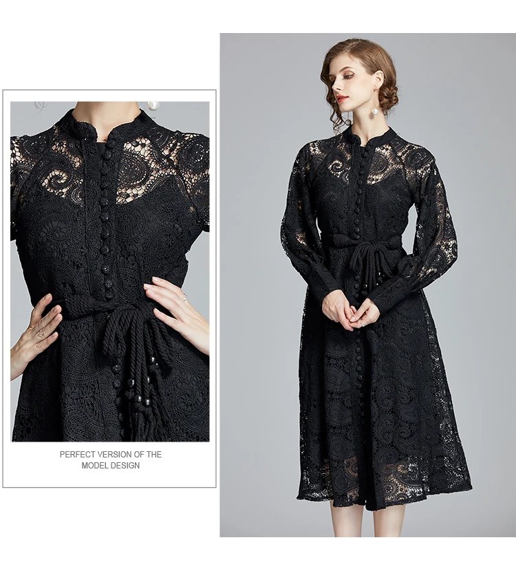 Fleepmart French Niche Court Retro Lantern Sleeves Exquisite Water-soluble Lace Long Dress Black Delivery Belt Autumn Women Clothing