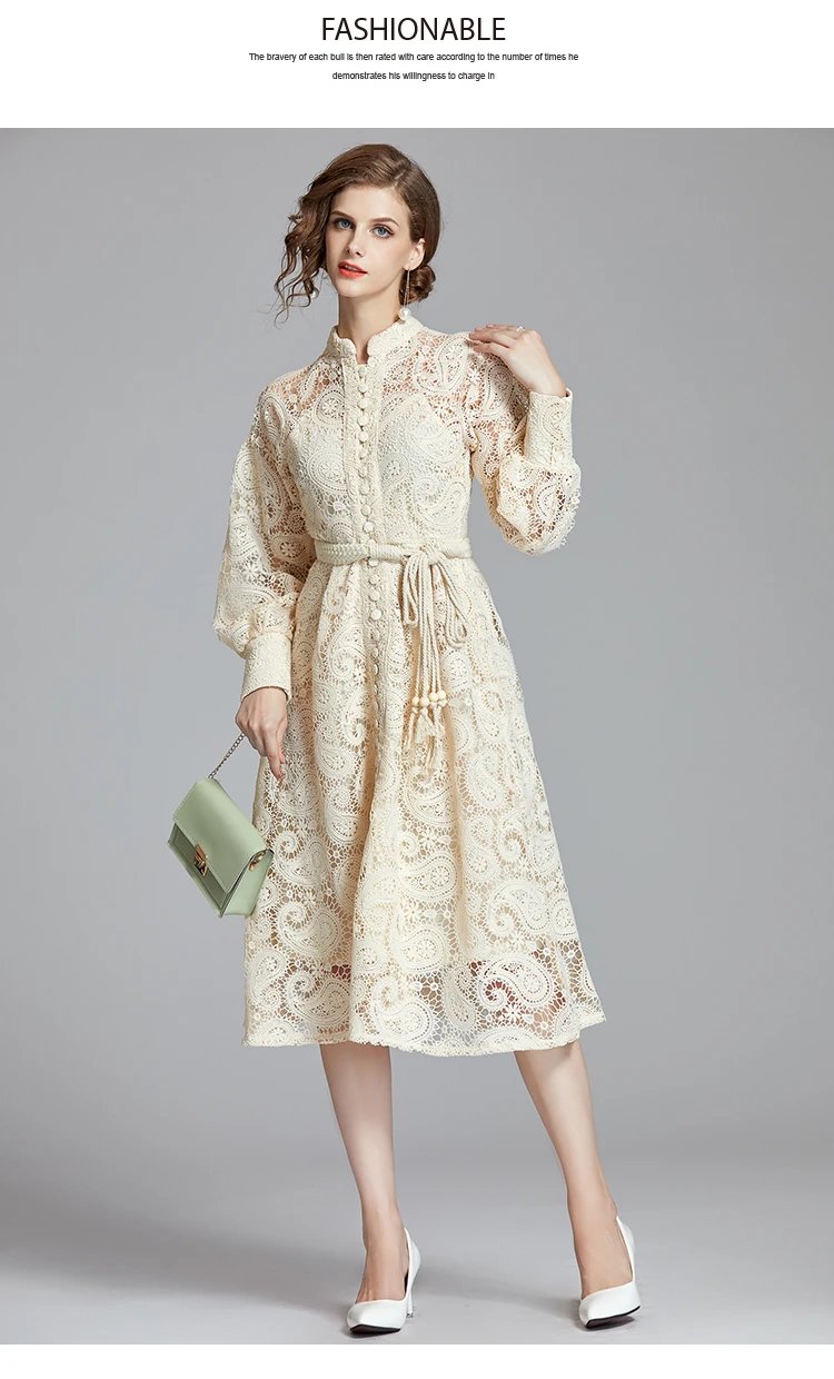 Fleepmart French Niche Court Retro Lantern Sleeves Exquisite Water-soluble Lace Long Dress Black Delivery Belt Autumn Women Clothing