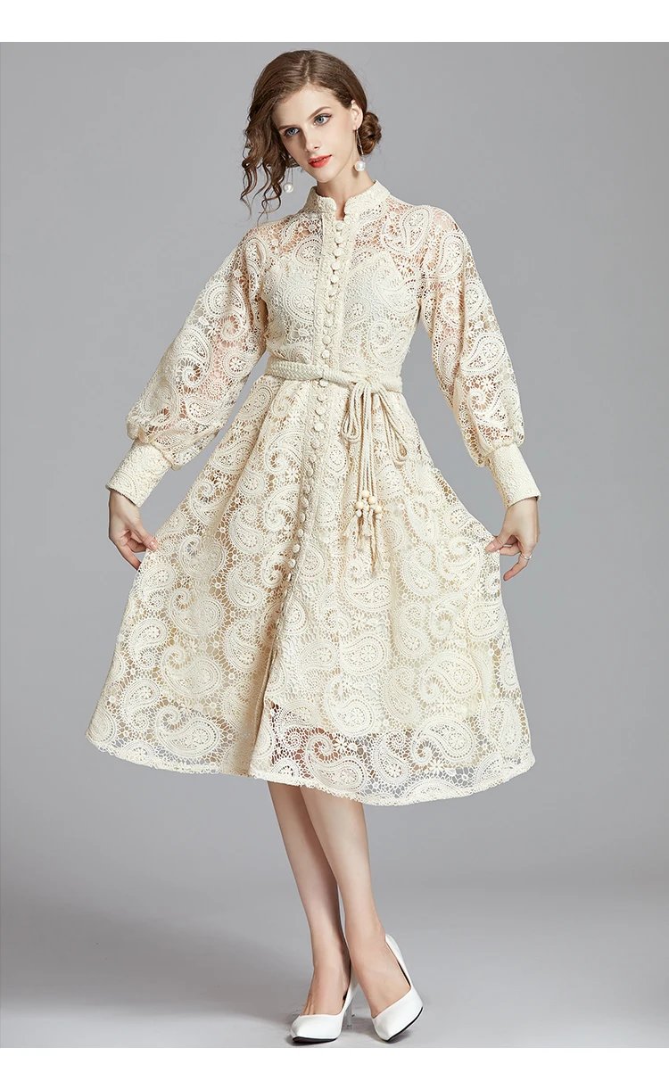 Fleepmart French Niche Court Retro Lantern Sleeves Exquisite Water-soluble Lace Long Dress Black Delivery Belt Autumn Women Clothing