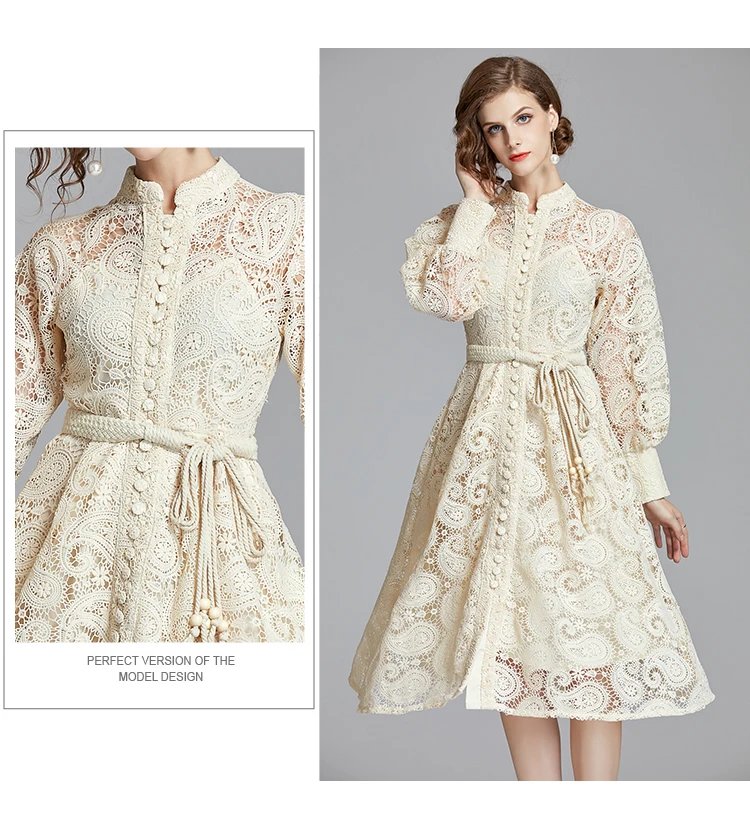 Fleepmart French Niche Court Retro Lantern Sleeves Exquisite Water-soluble Lace Long Dress Black Delivery Belt Autumn Women Clothing