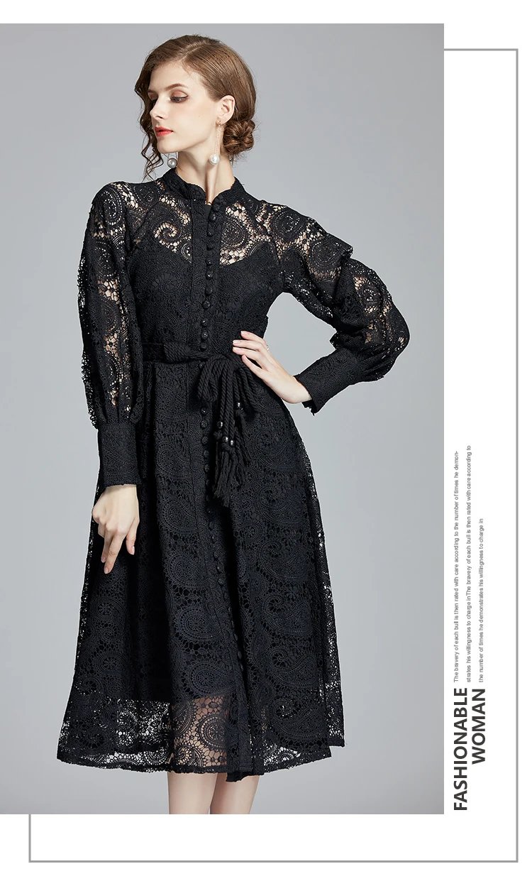 Fleepmart French Niche Court Retro Lantern Sleeves Exquisite Water-soluble Lace Long Dress Black Delivery Belt Autumn Women Clothing