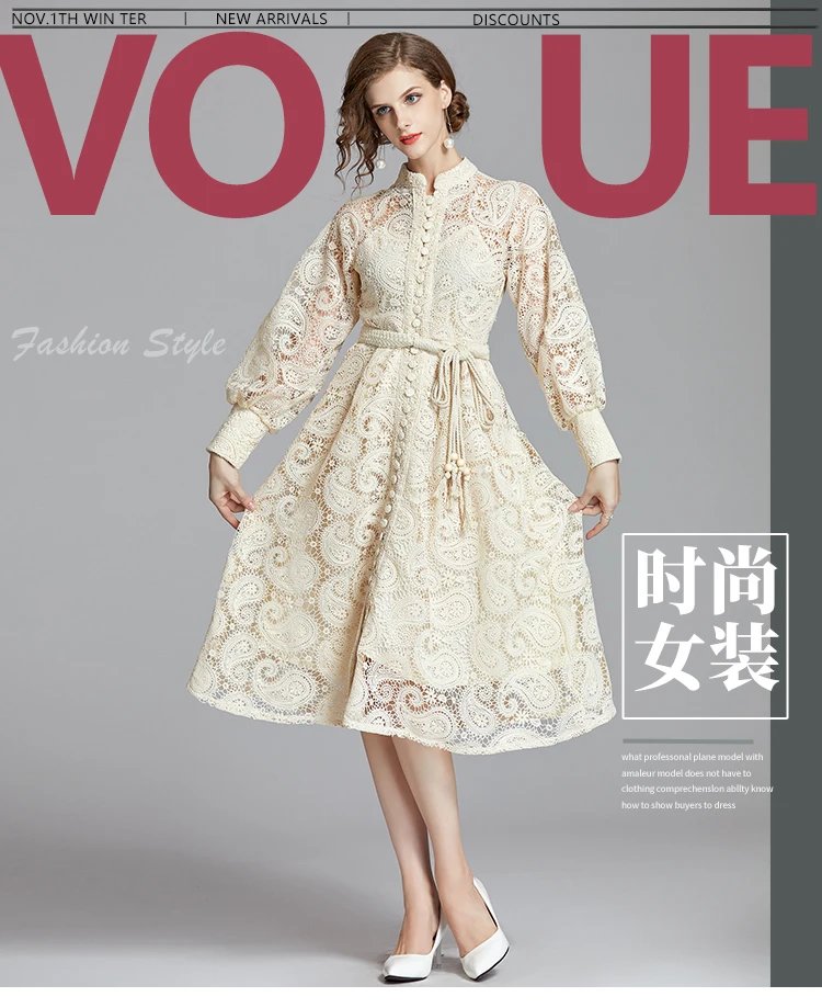 Fleepmart French Niche Court Retro Lantern Sleeves Exquisite Water-soluble Lace Long Dress Black Delivery Belt Autumn Women Clothing