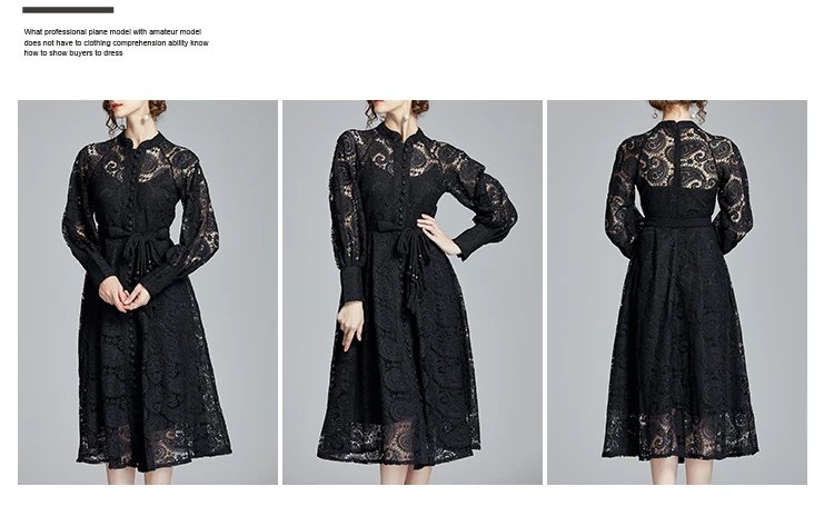 Fleepmart French Niche Court Retro Lantern Sleeves Exquisite Water-soluble Lace Long Dress Black Delivery Belt Autumn Women Clothing