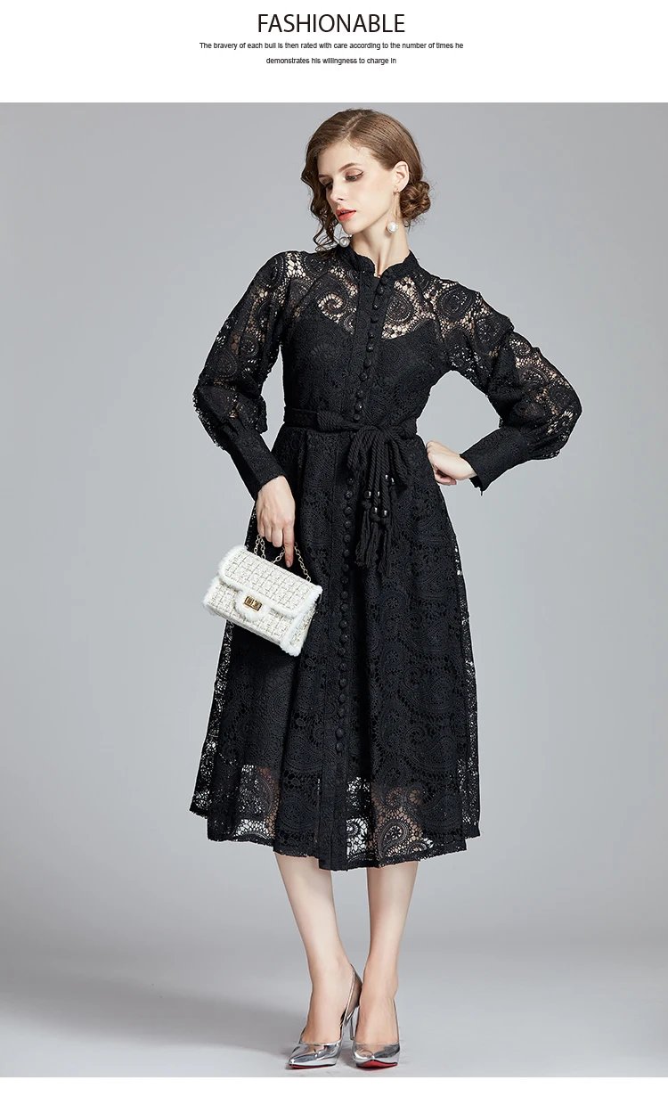Fleepmart French Niche Court Retro Lantern Sleeves Exquisite Water-soluble Lace Long Dress Black Delivery Belt Autumn Women Clothing