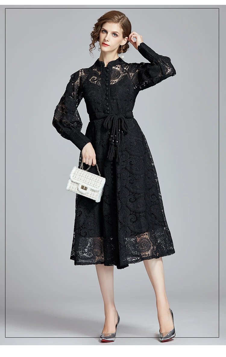 Fleepmart French Niche Court Retro Lantern Sleeves Exquisite Water-soluble Lace Long Dress Black Delivery Belt Autumn Women Clothing