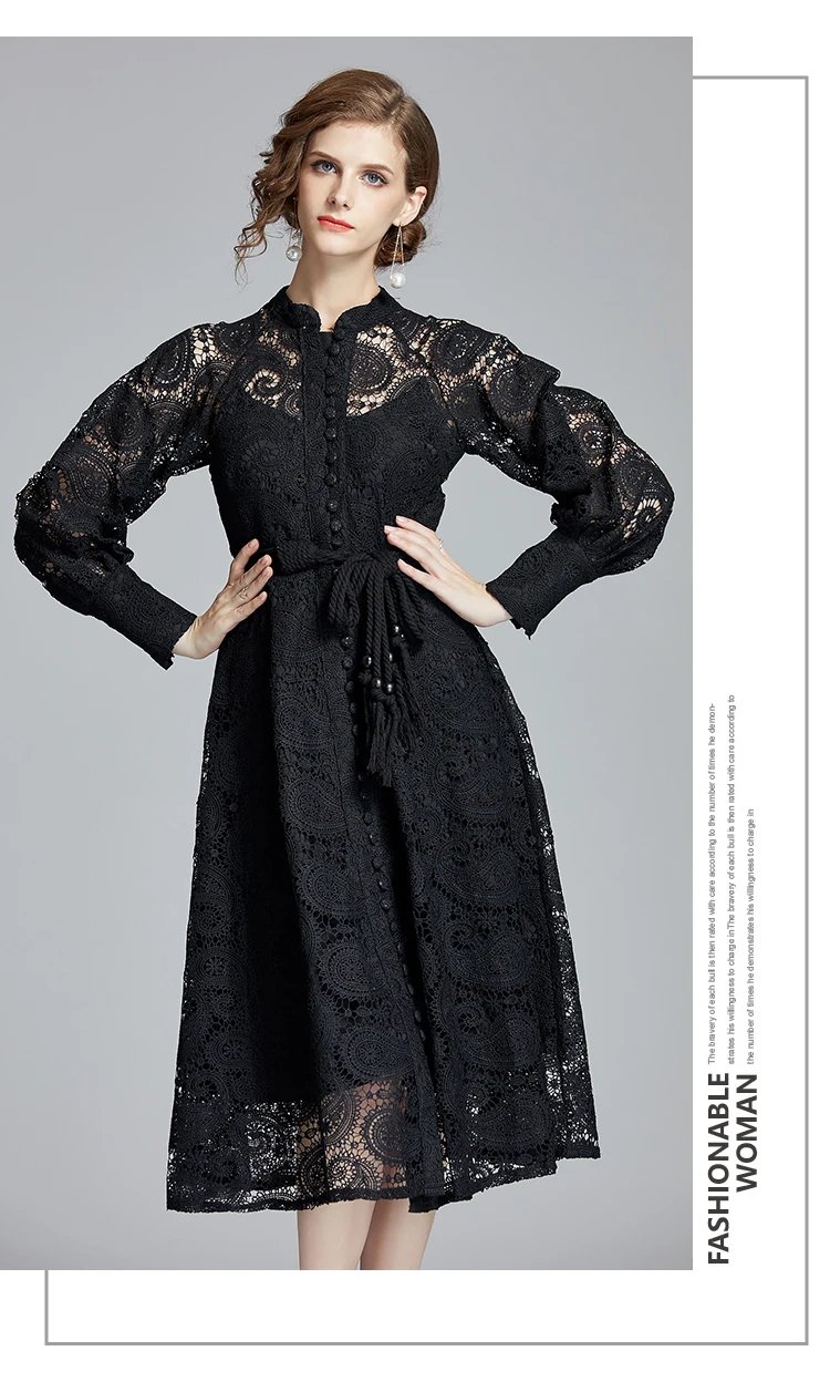 Fleepmart French Niche Court Retro Lantern Sleeves Exquisite Water-soluble Lace Long Dress Black Delivery Belt Autumn Women Clothing