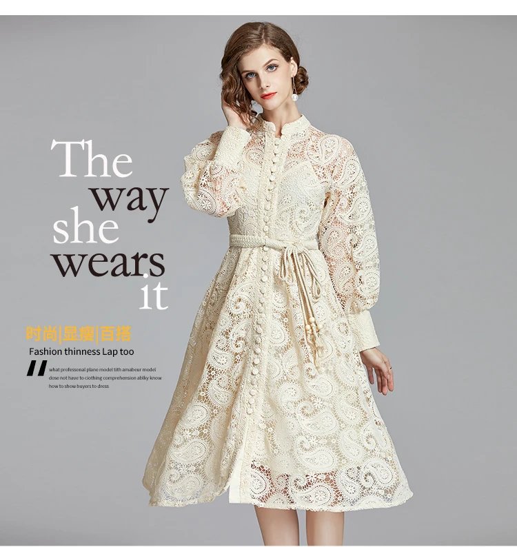 Fleepmart French Niche Court Retro Lantern Sleeves Exquisite Water-soluble Lace Long Dress Black Delivery Belt Autumn Women Clothing