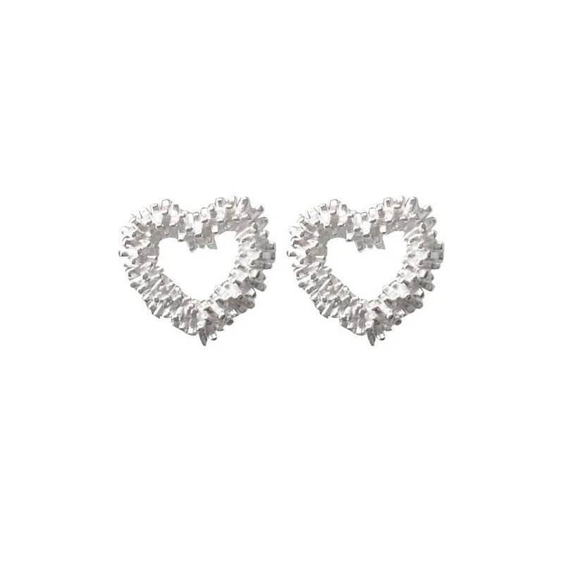 Vintage Silver Heart Stud Earrings for Women | Geometric Wave Design