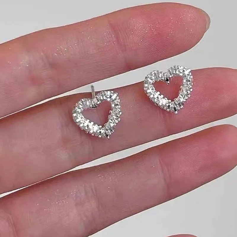 Vintage Silver Heart Stud Earrings for Women | Geometric Wave Design